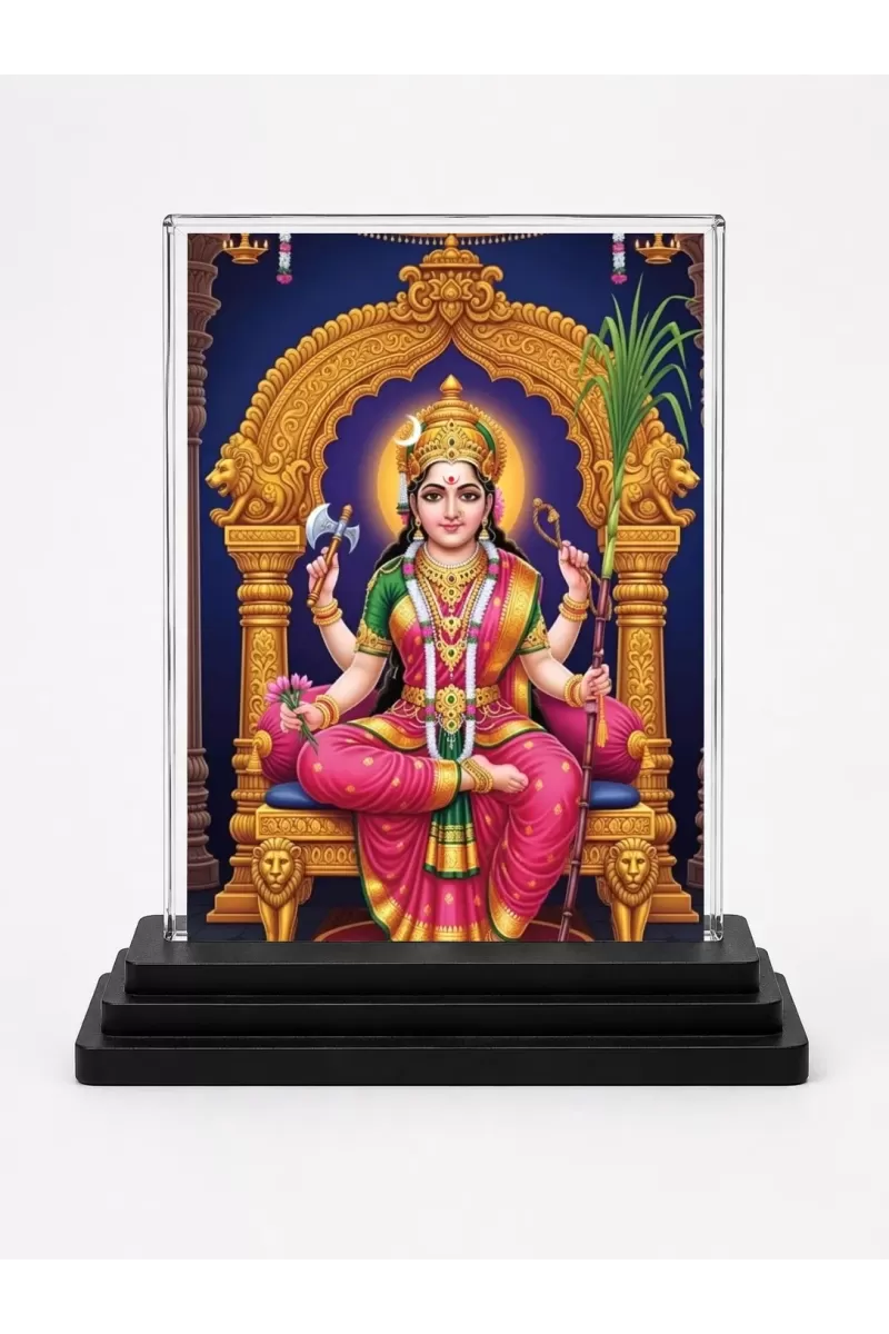 Lakshmi Acrylic Car Dashboard Showpiece | Double-Sided Lakshmi Photo Stand | 3 X 4 Inch Photo | Transparent Acrylic Frame With Black Base | Car Dashboard, Office & Table Decor (F71869)