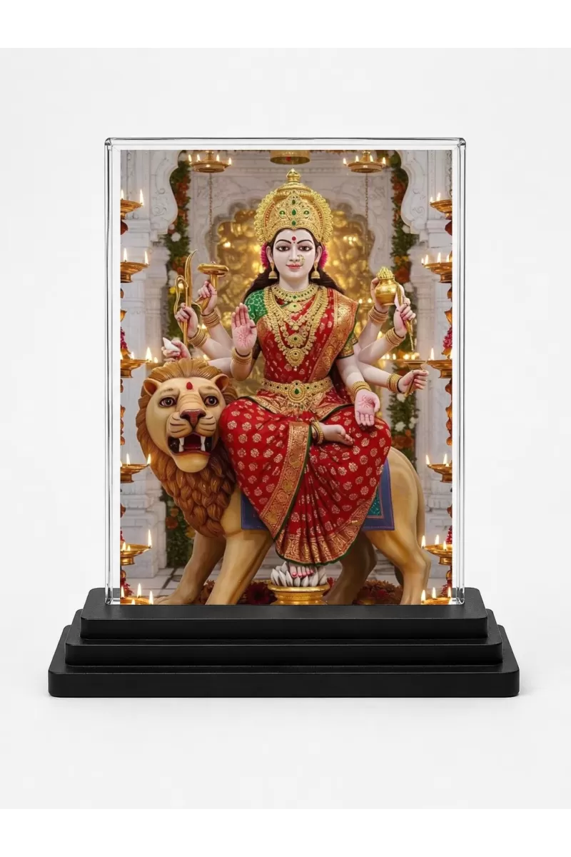 Durga Acrylic Car Dashboard Showpiece | Double-Sided Durga Photo Stand | 3 X 4 Inch Photo | Transparent Acrylic Frame With Black Base | Car Dashboard, Office & Table Decor (F71870)