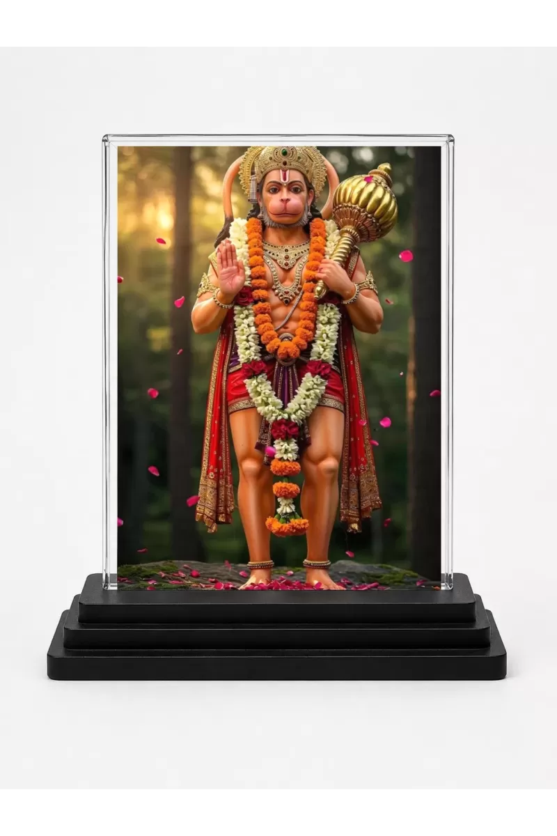 Hanuman Acrylic Car Dashboard Showpiece | Double-Sided Hanuman Photo Stand | 3 X 4 Inch Photo | Transparent Acrylic Frame With Black Base | Car Dashboard, Office & Table Decor (F71871)