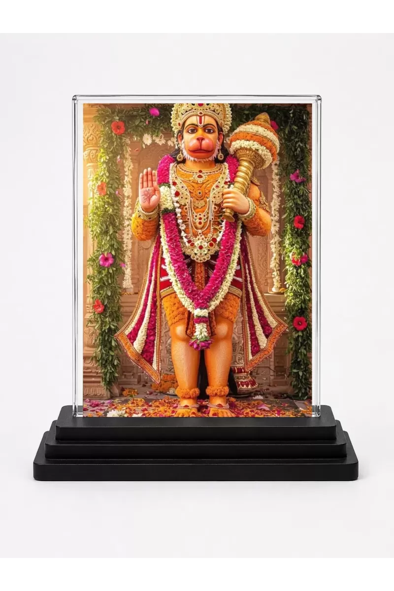 Hanuman Acrylic Car Dashboard Showpiece | Double-Sided Hanuman Photo Stand | 3 X 4 Inch Photo | Transparent Acrylic Frame With Black Base | Car Dashboard, Office & Table Decor (F71873)