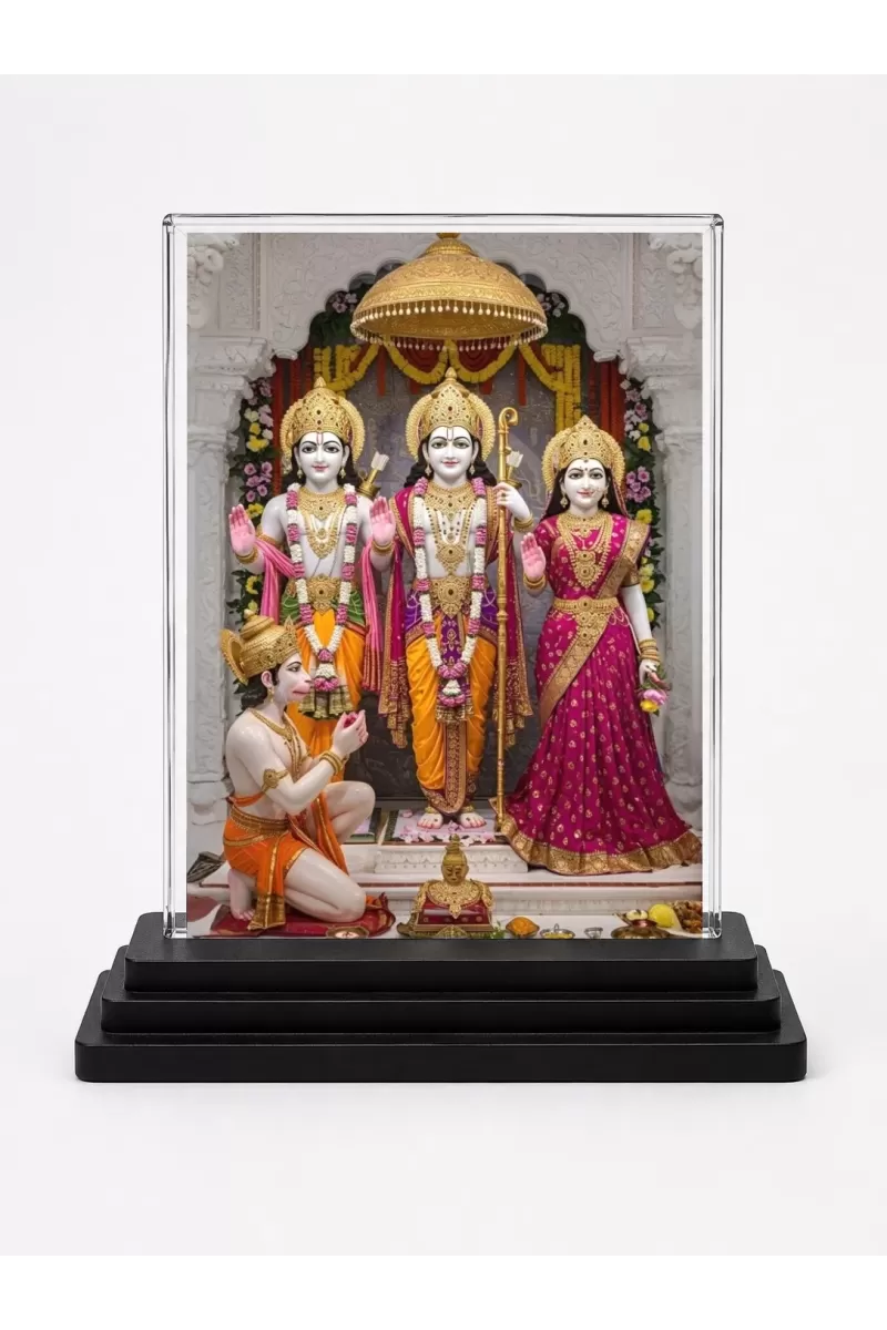 Ram Darbar Acrylic Car Dashboard Showpiece | Double-Sided Ram Darbar Photo Stand | 3 X 4 Inch Photo | Transparent Acrylic Frame With Black Base | Car Dashboard, Office & Table Decor (F71880)