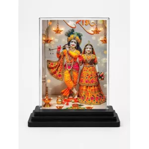 Radha Krishna Acrylic Car Dashboard Showpiece | Double-Sided Radha Krishna Photo Stand | 3 X 4 Inch Photo | Transparent Acrylic Frame With Black Base | Car Dashboard, Office & Table Decor (F71883)