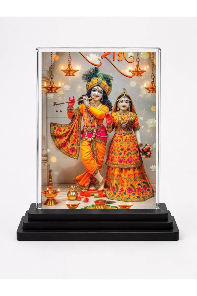 Radha Krishna Acrylic Car Dashboard Showpiece | Double-Sided Radha Krishna Photo Stand | 3 X 4 Inch Photo | Transparent Acrylic Frame With Black Base | Car Dashboard, Office & Table Decor (F71883)