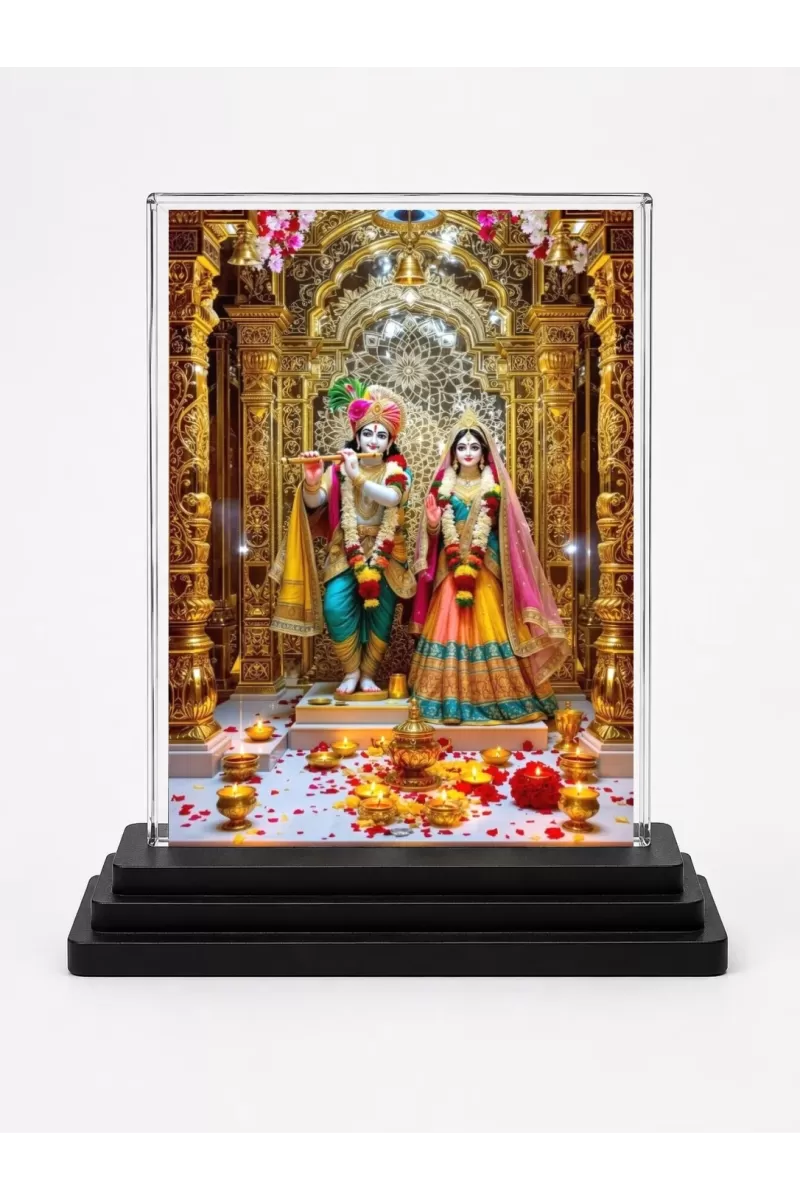 Krishna And Radha Acrylic Car Dashboard Showpiece | Double-Sided Krishna And Radha Photo Stand | 3 X 4 Inch Photo | Transparent Acrylic Frame With Black Base | Car Dashboard, Office & Table Decor (F71884)