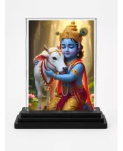 Krishna Acrylic Car Dashboard Showpiece | Double-Sided Krishna Photo Stand | 3 X 4 Inch Photo | Transparent Acrylic Frame With Black Base | Car Dashboard, Office & Table Decor (F71885)