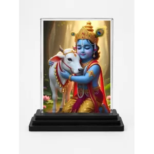 Krishna Acrylic Car Dashboard Showpiece | Double-Sided Krishna Photo Stand | 3 X 4 Inch Photo | Transparent Acrylic Frame With Black Base | Car Dashboard, Office & Table Decor (F71885)