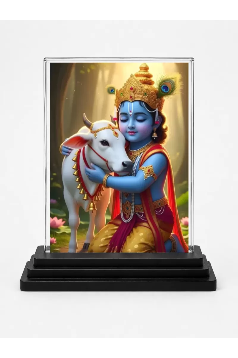 Krishna Acrylic Car Dashboard Showpiece | Double-Sided Krishna Photo Stand | 3 X 4 Inch Photo | Transparent Acrylic Frame With Black Base | Car Dashboard, Office & Table Decor (F71885)
