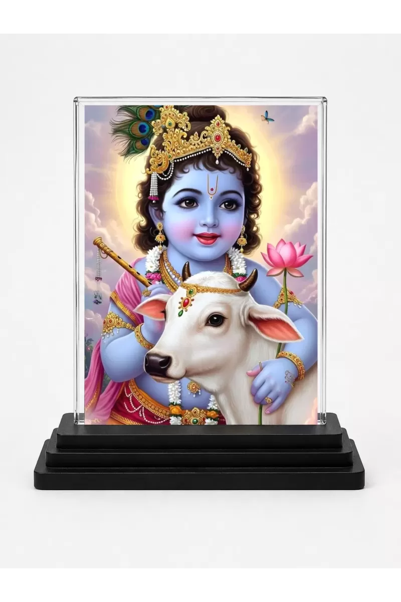 Krishna Acrylic Car Dashboard Showpiece | Double-Sided Krishna Photo Stand | 3 X 4 Inch Photo | Transparent Acrylic Frame With Black Base | Car Dashboard, Office & Table Decor (F71886)