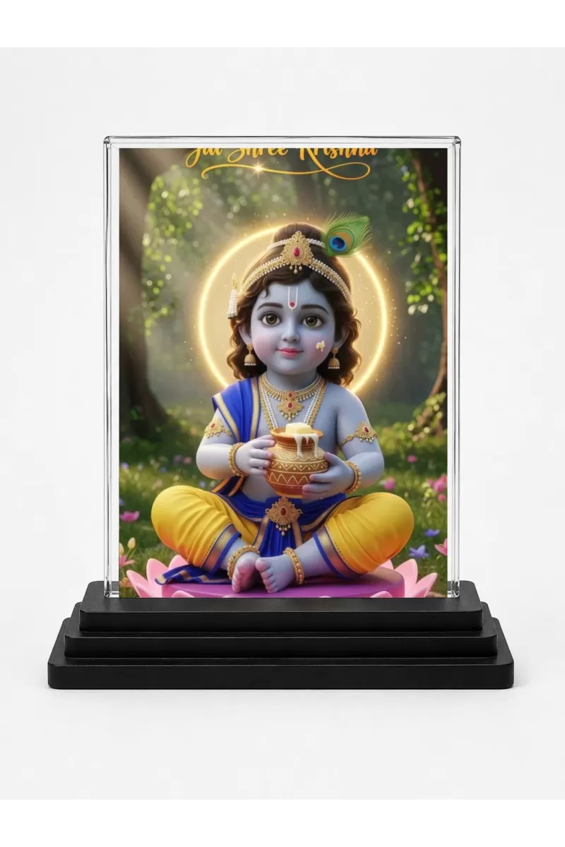 Lord Krishna Acrylic Car Dashboard Showpiece | Double-Sided Lord Krishna Photo Stand | 3 X 4 Inch Photo | Transparent Acrylic Frame With Black Base | Car Dashboard, Office & Table Decor (F71887)