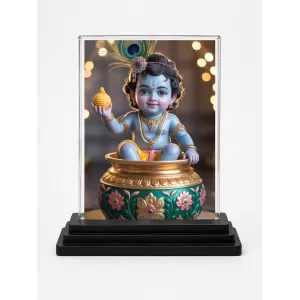 Krishna Acrylic Car Dashboard Showpiece | Double-Sided Krishna Photo Stand | 3 X 4 Inch Photo | Transparent Acrylic Frame With Black Base | Car Dashboard, Office & Table Decor (F71888)