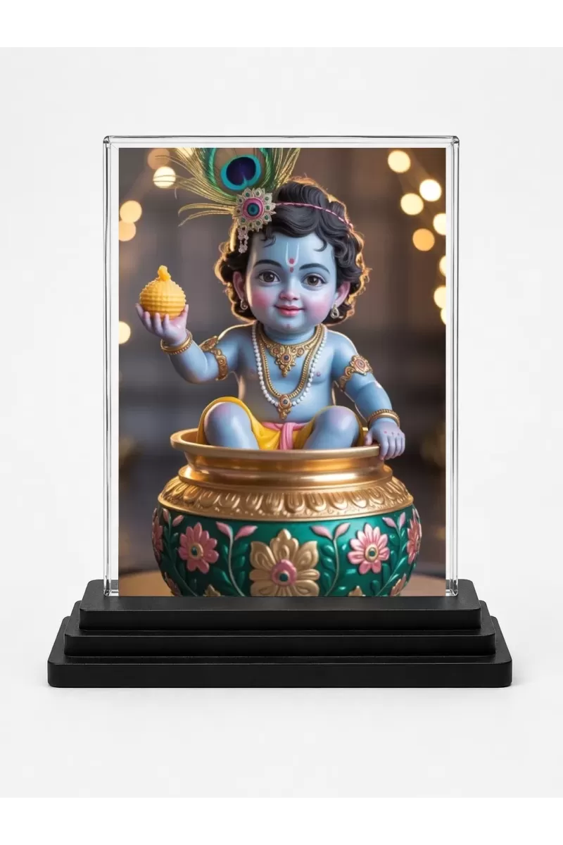 Krishna Acrylic Car Dashboard Showpiece | Double-Sided Krishna Photo Stand | 3 X 4 Inch Photo | Transparent Acrylic Frame With Black Base | Car Dashboard, Office & Table Decor (F71888)