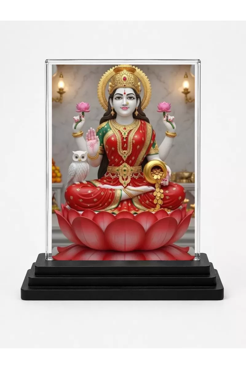 Lakshmi Acrylic Car Dashboard Showpiece | Double-Sided Lakshmi Photo Stand | 3 X 4 Inch Photo | Transparent Acrylic Frame With Black Base | Car Dashboard, Office & Table Decor (F71889)