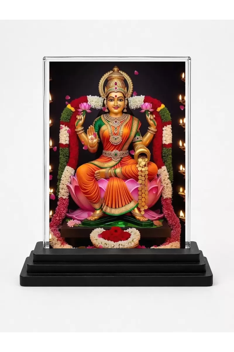 Lakshmi Acrylic Car Dashboard Showpiece | Double-Sided Lakshmi Photo Stand | 3 X 4 Inch Photo | Transparent Acrylic Frame With Black Base | Car Dashboard, Office & Table Decor (F71890)