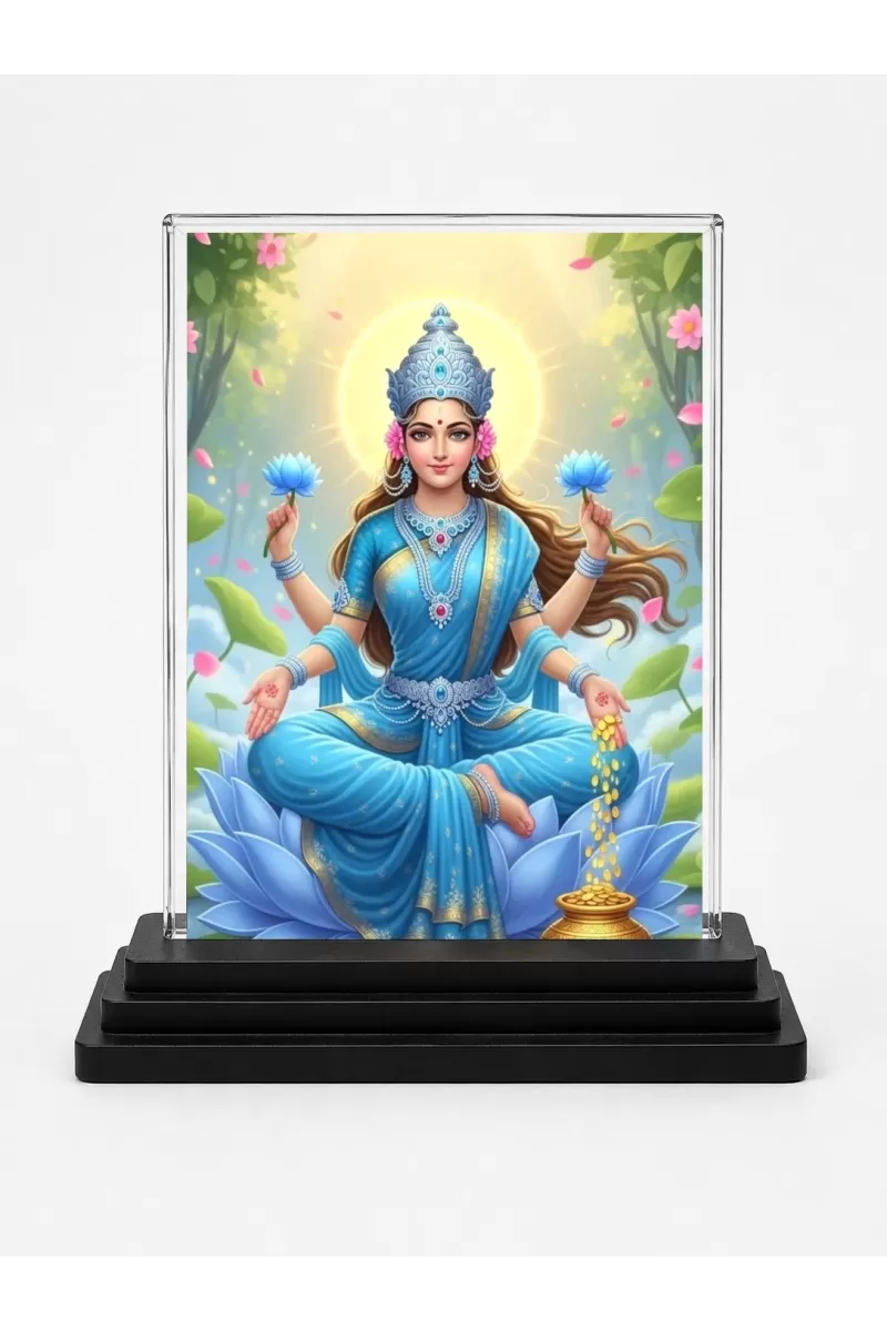 Lakshmi Acrylic Car Dashboard Showpiece | Double-Sided Lakshmi Photo Stand | 3 X 4 Inch Photo | Transparent Acrylic Frame With Black Base | Car Dashboard, Office & Table Decor (F71891)