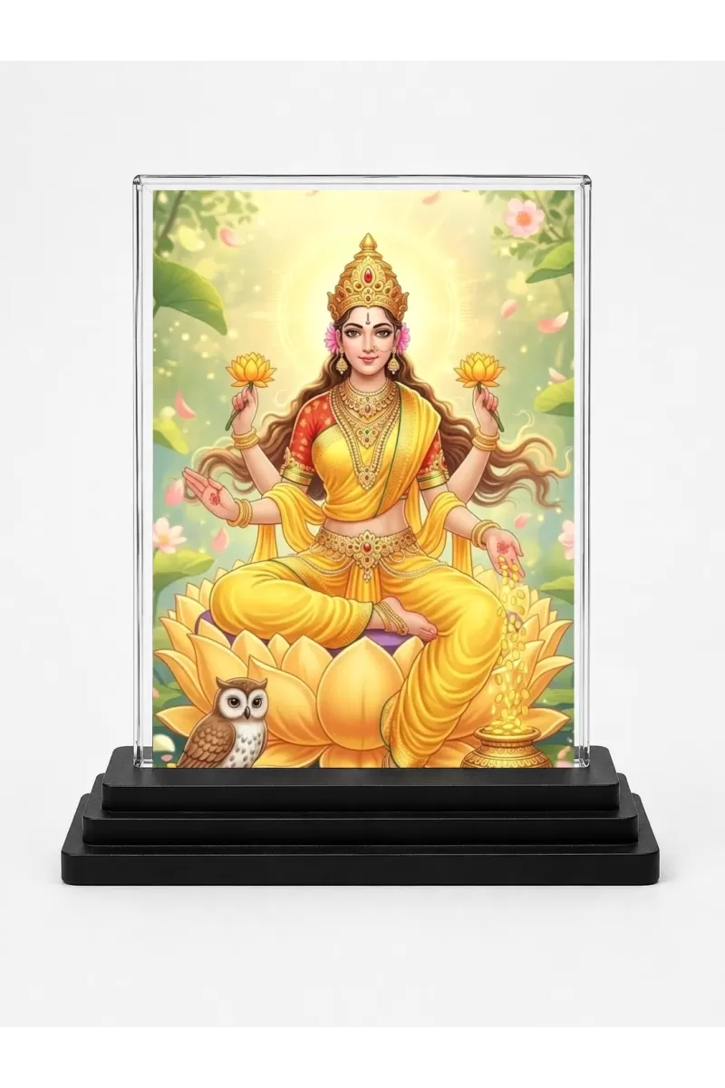 Lakshmi Acrylic Car Dashboard Showpiece | Double-Sided Lakshmi Photo Stand | 3 X 4 Inch Photo | Transparent Acrylic Frame With Black Base | Car Dashboard, Office & Table Decor (F71892)