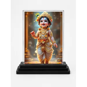Krishna Acrylic Car Dashboard Showpiece | Double-Sided Krishna Photo Stand | 3 X 4 Inch Photo | Transparent Acrylic Frame With Black Base | Car Dashboard, Office & Table Decor (F71894)