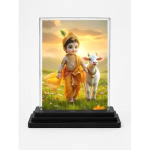 Krishna Acrylic Car Dashboard Showpiece | Double-Sided Krishna Photo Stand | 3 X 4 Inch Photo | Transparent Acrylic Frame With Black Base | Car Dashboard, Office & Table Decor (F71895)