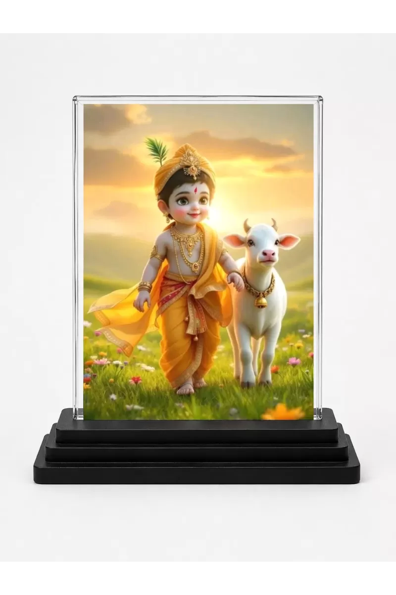 Krishna Acrylic Car Dashboard Showpiece | Double-Sided Krishna Photo Stand | 3 X 4 Inch Photo | Transparent Acrylic Frame With Black Base | Car Dashboard, Office & Table Decor (F71895)