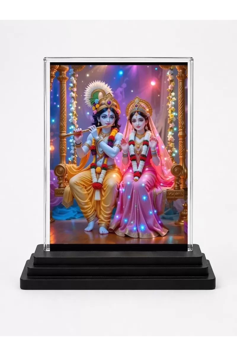 Radha Krishna Acrylic Car Dashboard Showpiece | Double-Sided Radha Krishna Photo Stand | 3 X 4 Inch Photo | Transparent Acrylic Frame With Black Base | Car Dashboard, Office & Table Decor (F71896)