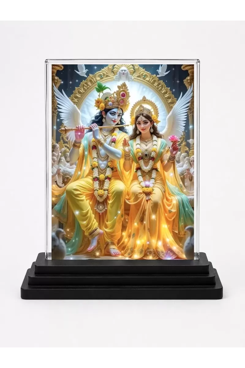 Radha Krishna Acrylic Car Dashboard Showpiece | Double-Sided Radha Krishna Photo Stand | 3 X 4 Inch Photo | Transparent Acrylic Frame With Black Base | Car Dashboard, Office & Table Decor (F71897)