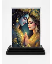 Shree Radha And Shree Krishna Acrylic Car Dashboard Showpiece | Double-Sided Shree Radha And Shree Krishna Photo Stand | 3 X 4 Inch Photo | Transparent Acrylic Frame With Black Base | Car Dashboard, Office & Table Decor (F71898)