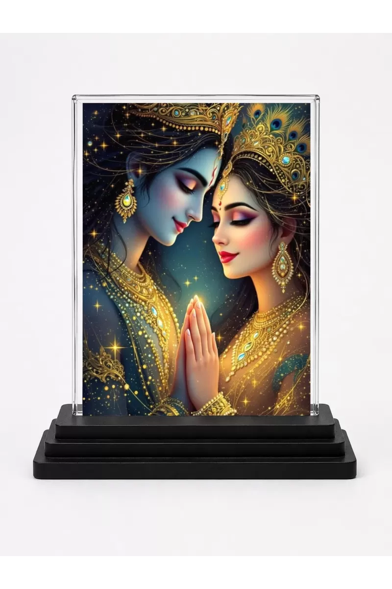 Shree Radha And Shree Krishna Acrylic Car Dashboard Showpiece | Double-Sided Shree Radha And Shree Krishna Photo Stand | 3 X 4 Inch Photo | Transparent Acrylic Frame With Black Base | Car Dashboard, Office & Table Decor (F71898)