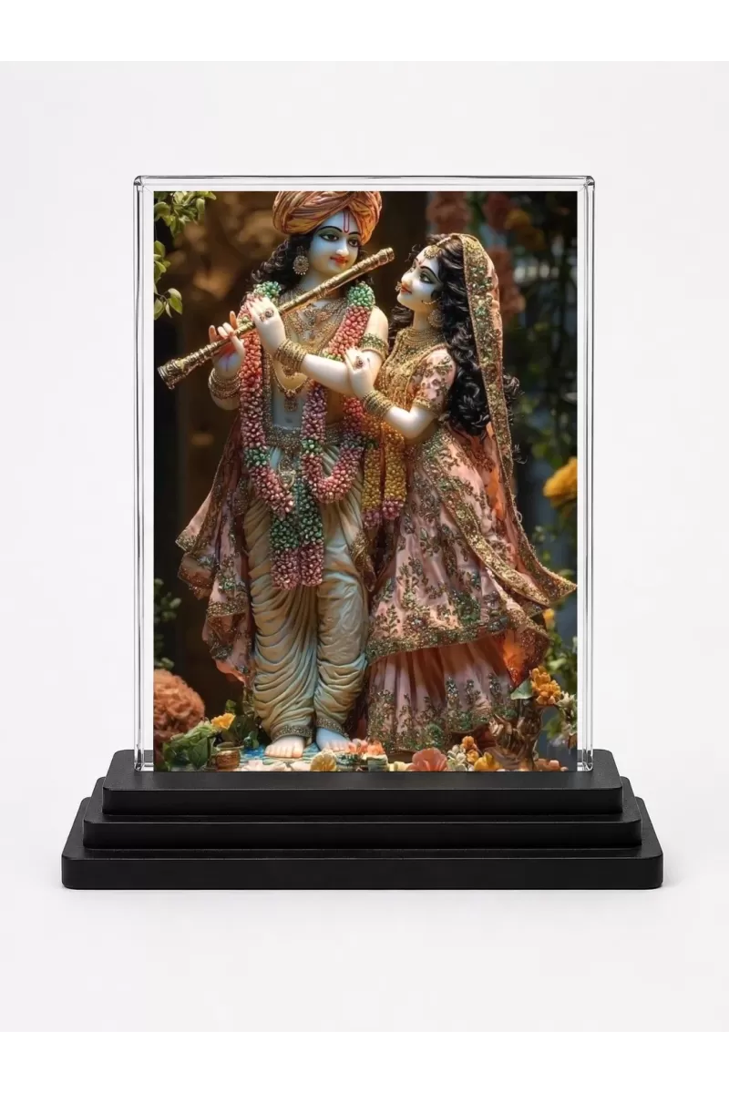 Krishna And Radha Acrylic Car Dashboard Showpiece | Double-Sided Krishna And Radha Photo Stand | 3 X 4 Inch Photo | Transparent Acrylic Frame With Black Base | Car Dashboard, Office & Table Decor (F71899)
