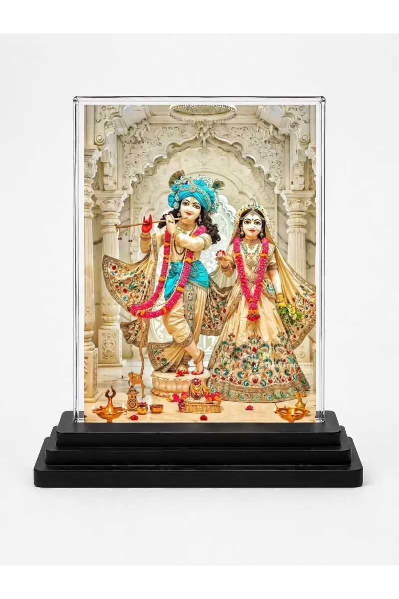 Radha And Krishna Acrylic Car Dashboard Showpiece | Double-Sided Radha And Krishna Photo Stand | 3 X 4 Inch Photo | Transparent Acrylic Frame With Black Base | Car Dashboard, Office & Table Decor (F71900)
