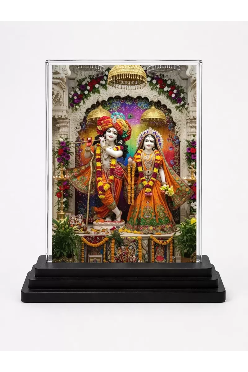 Krishna And Radha Acrylic Car Dashboard Showpiece | Double-Sided Krishna And Radha Photo Stand | 3 X 4 Inch Photo | Transparent Acrylic Frame With Black Base | Car Dashboard, Office & Table Decor (F71901)