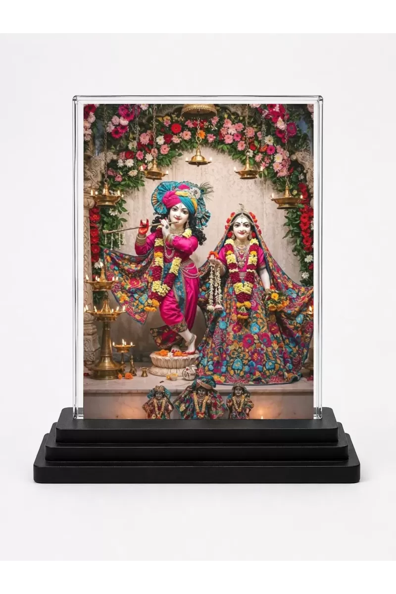 Krishna And Radha Acrylic Car Dashboard Showpiece | Double-Sided Krishna And Radha Photo Stand | 3 X 4 Inch Photo | Transparent Acrylic Frame With Black Base | Car Dashboard, Office & Table Decor (F71902)