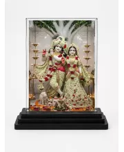 Radha Krishna Acrylic Car Dashboard Showpiece | Double-Sided Radha Krishna Photo Stand | 3 X 4 Inch Photo | Transparent Acrylic Frame With Black Base | Car Dashboard, Office & Table Decor (F71903)