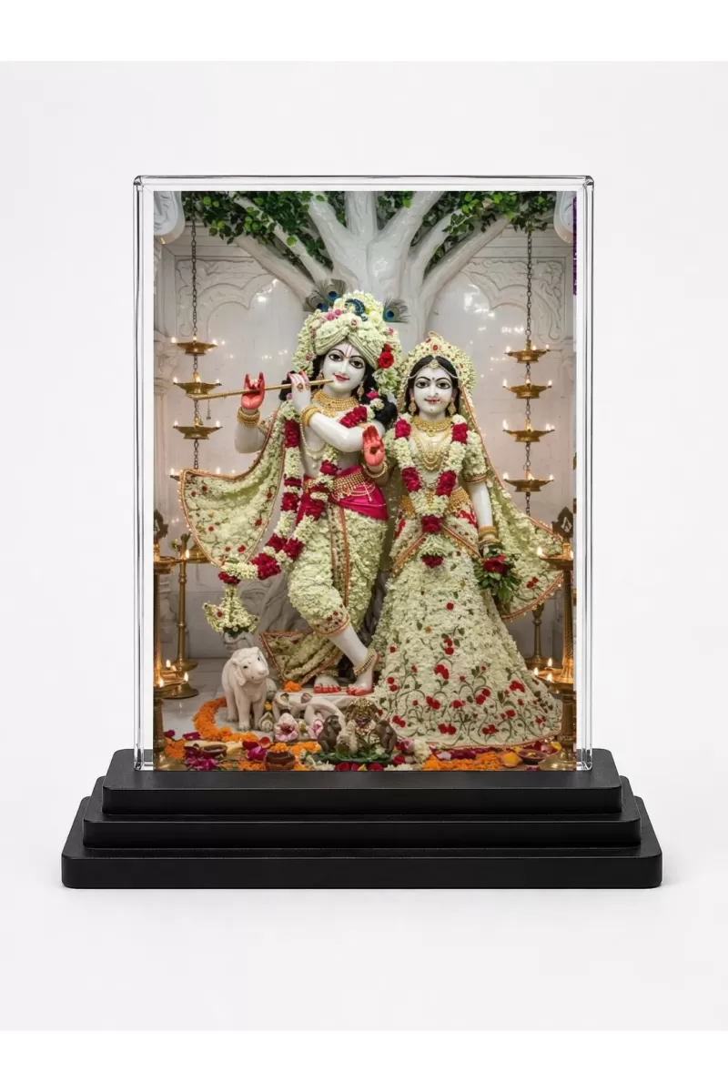 Radha Krishna Acrylic Car Dashboard Showpiece | Double-Sided Radha Krishna Photo Stand | 3 X 4 Inch Photo | Transparent Acrylic Frame With Black Base | Car Dashboard, Office & Table Decor (F71903)