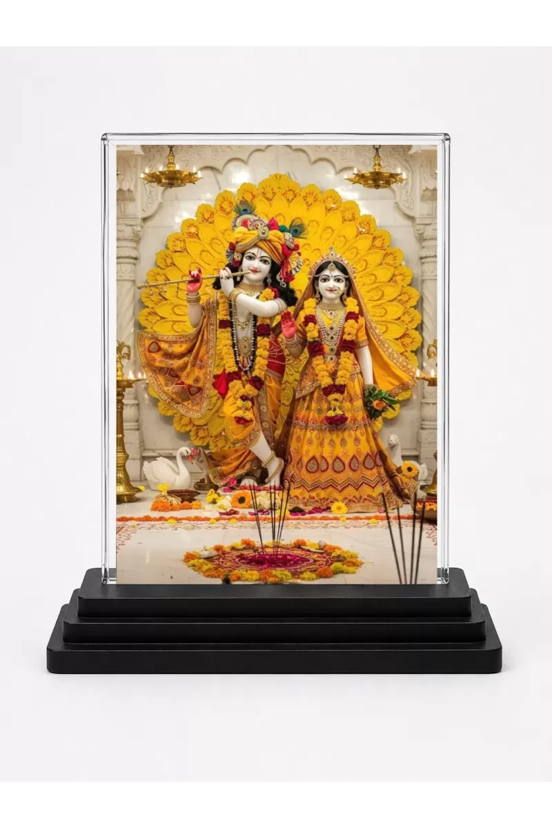 Radha Krishna Acrylic Car Dashboard Showpiece | Double-Sided Radha Krishna Photo Stand | 3 X 4 Inch Photo | Transparent Acrylic Frame With Black Base | Car Dashboard, Office & Table Decor (F71904)