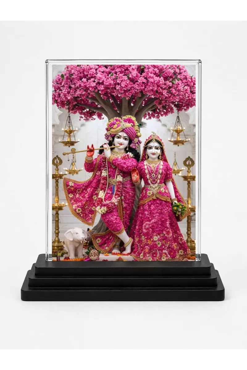 Radha Krishna Acrylic Car Dashboard Showpiece | Double-Sided Radha Krishna Photo Stand | 3 X 4 Inch Photo | Transparent Acrylic Frame With Black Base | Car Dashboard, Office & Table Decor (F71905)