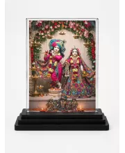 Krishna And Radha Acrylic Car Dashboard Showpiece | Double-Sided Krishna And Radha Photo Stand | 3 X 4 Inch Photo | Transparent Acrylic Frame With Black Base | Car Dashboard, Office & Table Decor (F71906)