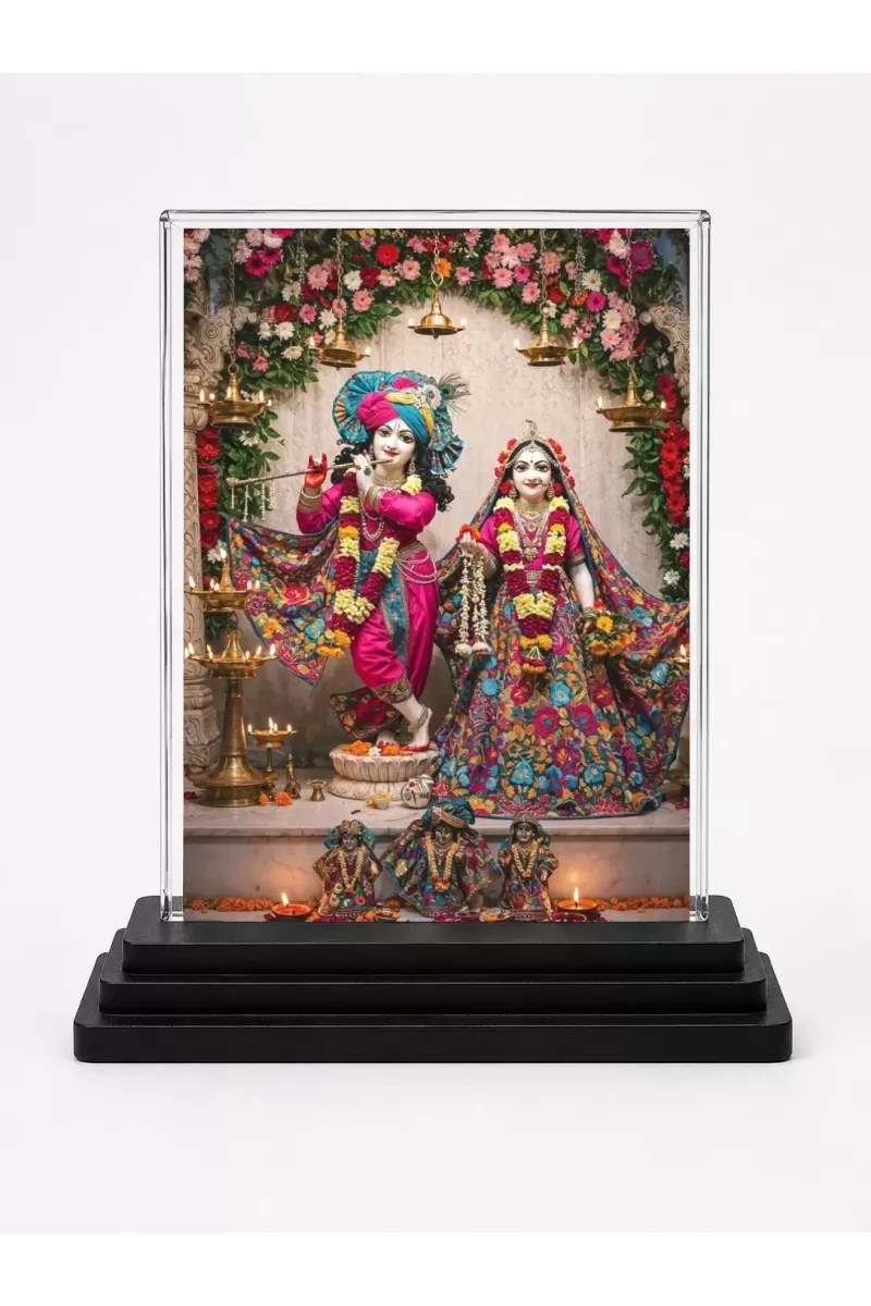 Krishna And Radha Acrylic Car Dashboard Showpiece | Double-Sided Krishna And Radha Photo Stand | 3 X 4 Inch Photo | Transparent Acrylic Frame With Black Base | Car Dashboard, Office & Table Decor (F71906)