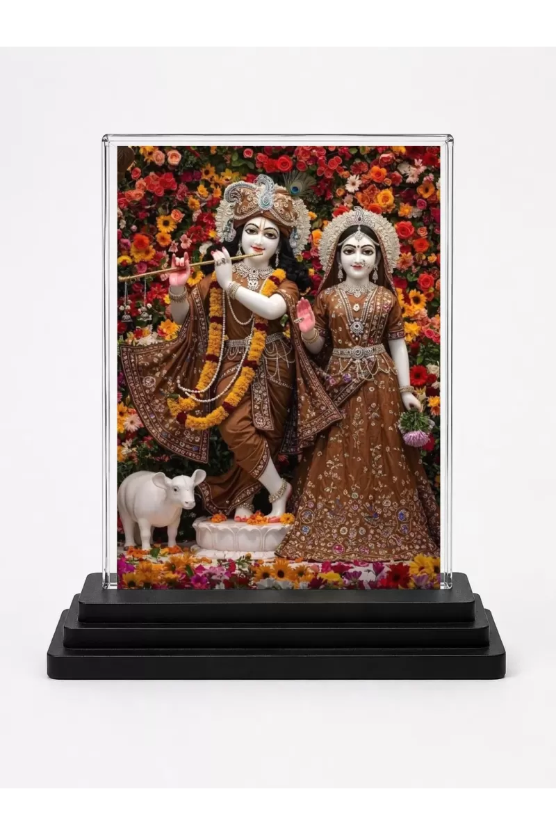Krishna And Radha Acrylic Car Dashboard Showpiece | Double-Sided Krishna And Radha Photo Stand | 3 X 4 Inch Photo | Transparent Acrylic Frame With Black Base | Car Dashboard, Office & Table Decor (F71907)