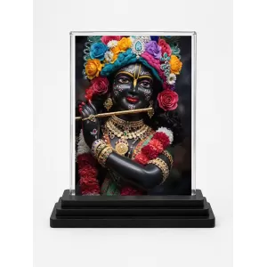 Krishna Acrylic Car Dashboard Showpiece | Double-Sided Krishna Photo Stand | 3 X 4 Inch Photo | Transparent Acrylic Frame With Black Base | Car Dashboard, Office & Table Decor (F71911)