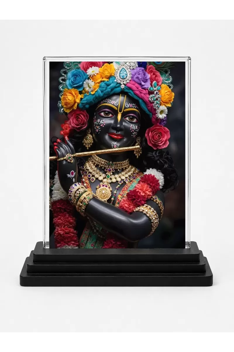 Krishna Acrylic Car Dashboard Showpiece | Double-Sided Krishna Photo Stand | 3 X 4 Inch Photo | Transparent Acrylic Frame With Black Base | Car Dashboard, Office & Table Decor (F71911)