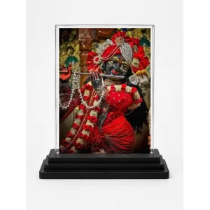 Krishna Acrylic Car Dashboard Showpiece | Double-Sided Krishna Photo Stand | 3 X 4 Inch Photo | Transparent Acrylic Frame With Black Base | Car Dashboard, Office & Table Decor (F71912)