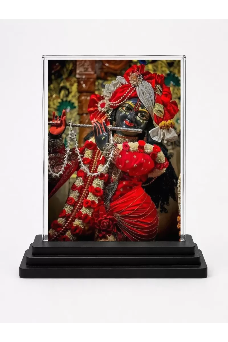 Krishna Acrylic Car Dashboard Showpiece | Double-Sided Krishna Photo Stand | 3 X 4 Inch Photo | Transparent Acrylic Frame With Black Base | Car Dashboard, Office & Table Decor (F71912)