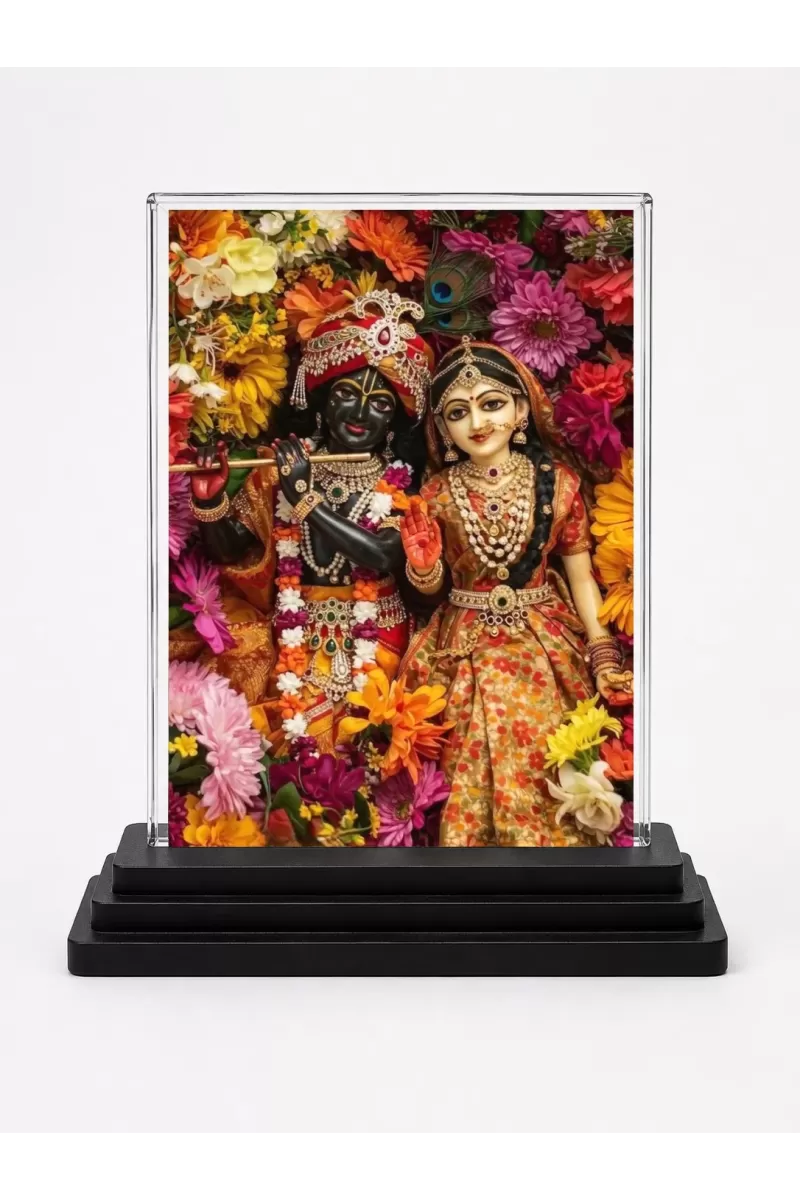 Krishna And Radha Acrylic Car Dashboard Showpiece | Double-Sided Krishna And Radha Photo Stand | 3 X 4 Inch Photo | Transparent Acrylic Frame With Black Base | Car Dashboard, Office & Table Decor (F71913)