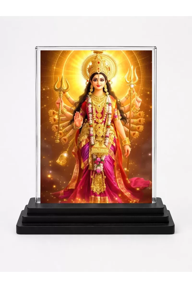 Durga Acrylic Car Dashboard Showpiece | Double-Sided Durga Photo Stand | 3 X 4 Inch Photo | Transparent Acrylic Frame With Black Base | Car Dashboard, Office & Table Decor (F71914)