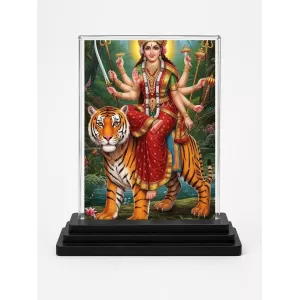 Durga Acrylic Car Dashboard Showpiece | Double-Sided Durga Photo Stand | 3 X 4 Inch Photo | Transparent Acrylic Frame With Black Base | Car Dashboard, Office & Table Decor (F71915)