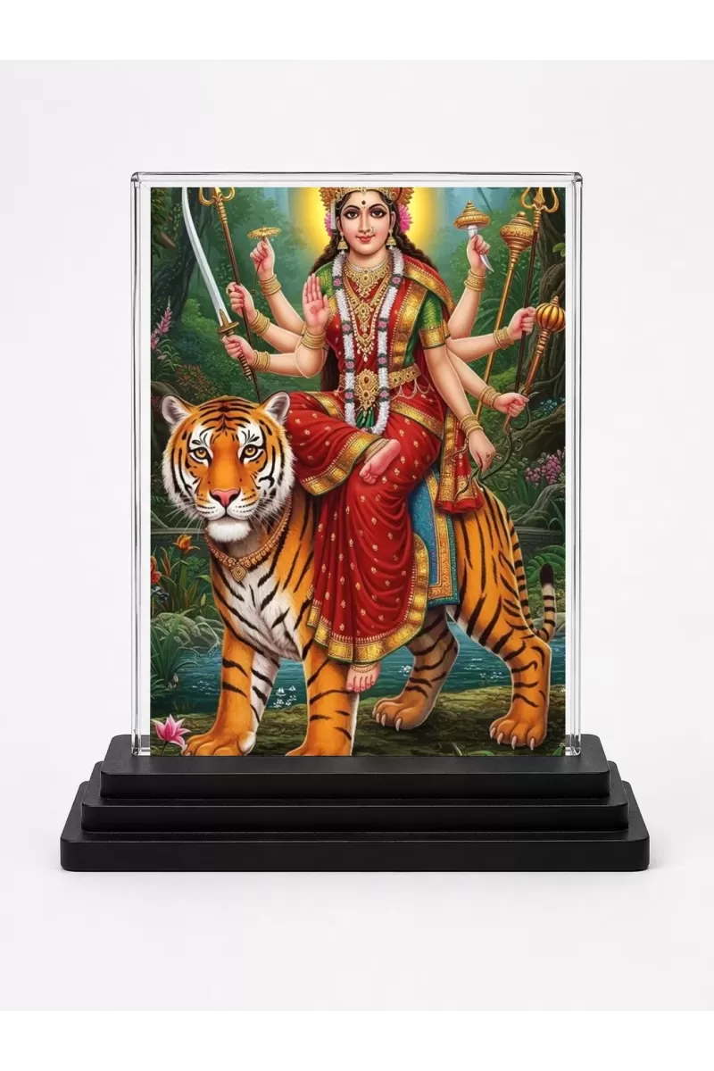 Durga Acrylic Car Dashboard Showpiece | Double-Sided Durga Photo Stand | 3 X 4 Inch Photo | Transparent Acrylic Frame With Black Base | Car Dashboard, Office & Table Decor (F71915)