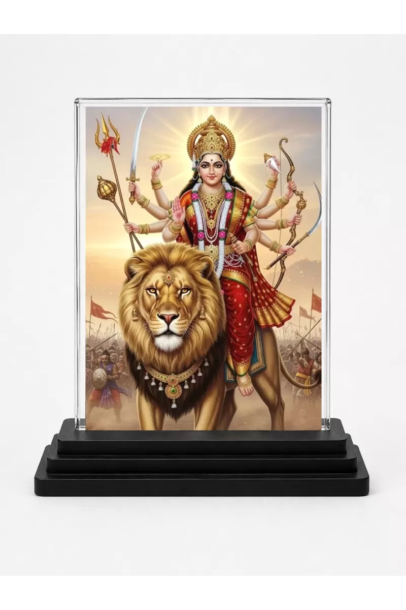 Durga Acrylic Car Dashboard Showpiece | Double-Sided Durga Photo Stand | 3 X 4 Inch Photo | Transparent Acrylic Frame With Black Base | Car Dashboard, Office & Table Decor (F71916)