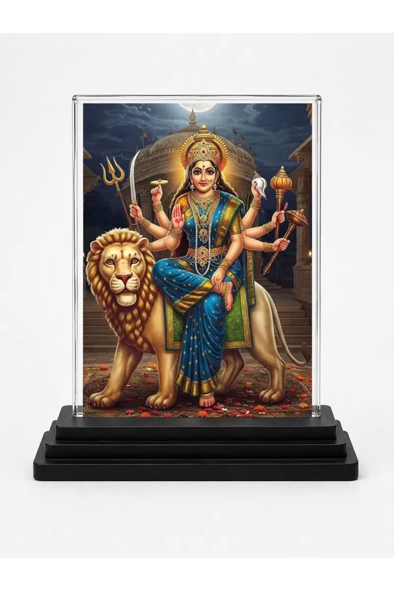 Durga Acrylic Car Dashboard Showpiece | Double-Sided Durga Photo Stand | 3 X 4 Inch Photo | Transparent Acrylic Frame With Black Base | Car Dashboard, Office & Table Decor (F71917)