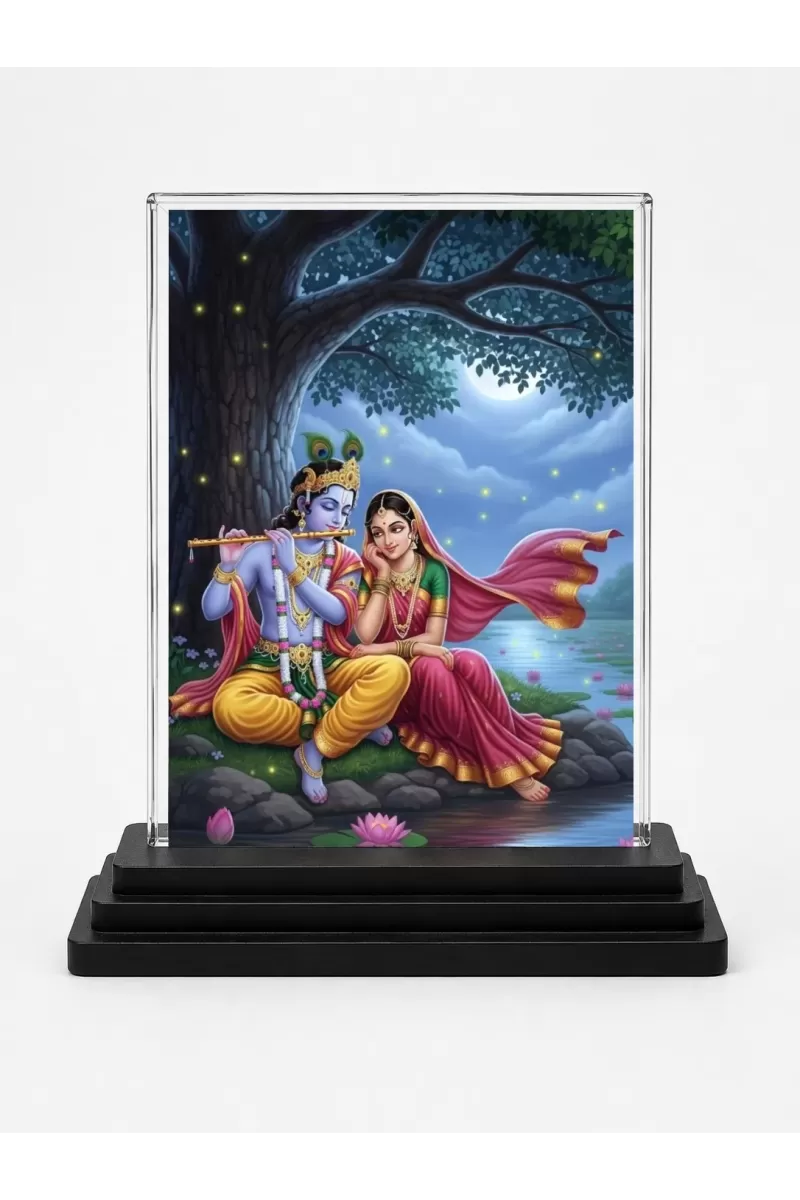 Krishna Acrylic Car Dashboard Showpiece | Double-Sided Krishna Photo Stand | 3 X 4 Inch Photo | Transparent Acrylic Frame With Black Base | Car Dashboard, Office & Table Decor (F71920)