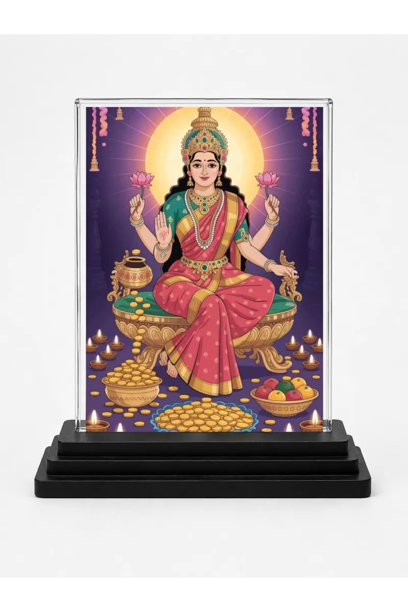 Lakshmi Acrylic Car Dashboard Showpiece | Double-Sided Lakshmi Photo Stand | 3 X 4 Inch Photo | Transparent Acrylic Frame With Black Base | Car Dashboard, Office & Table Decor (F71921)