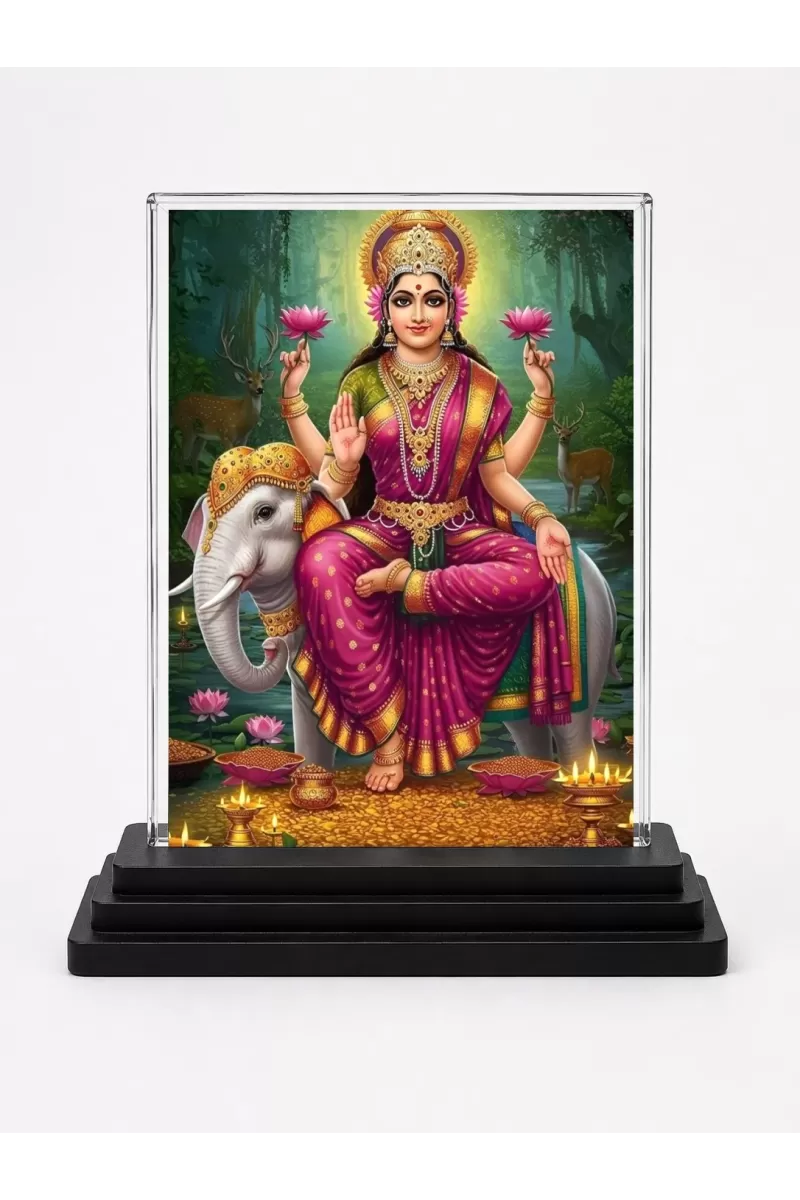 Lakshmi Acrylic Car Dashboard Showpiece | Double-Sided Lakshmi Photo Stand | 3 X 4 Inch Photo | Transparent Acrylic Frame With Black Base | Car Dashboard, Office & Table Decor (F71922)